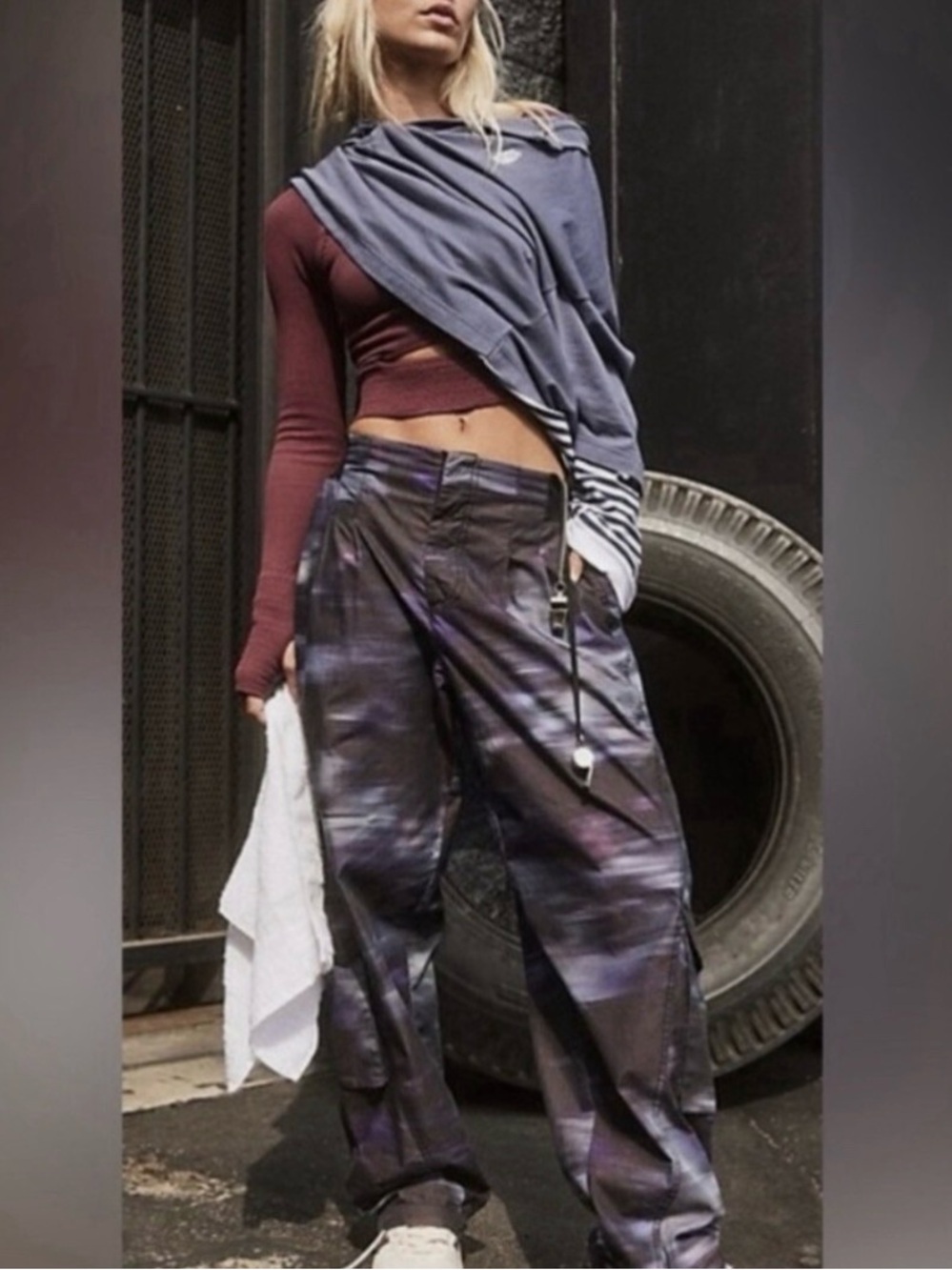 Free People Black with Purple and Gray Abstract Wide-Leg Jumpsuit